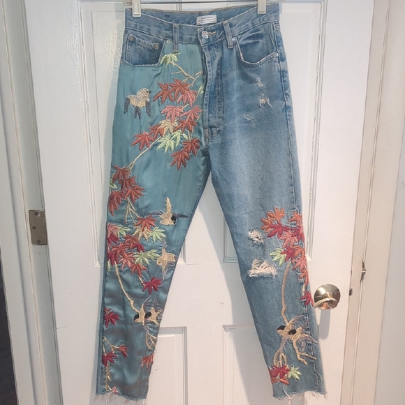 Zara Denim - Zara Satin Blue Denim Jeans with Embroidery #0016